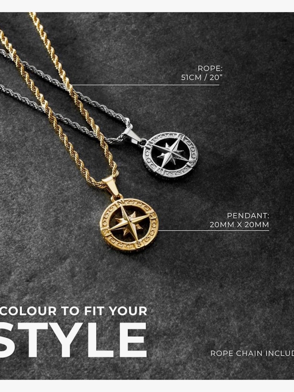 Gold Compass Pendant Rope Chain Necklace - Men's Jewelry